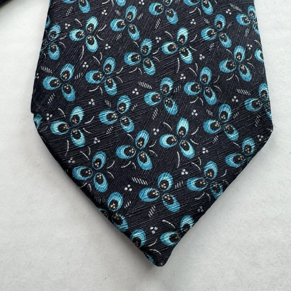Ermenegildo Zegna Tie Men's Black Teal Geometric Floral Silk Designer Necktie